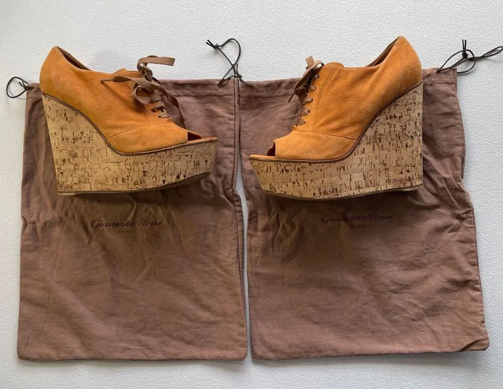 Gianvito Rossi Suede Cork Open Toe Lace Up Platform Shoes Orange/Beige Womens 37